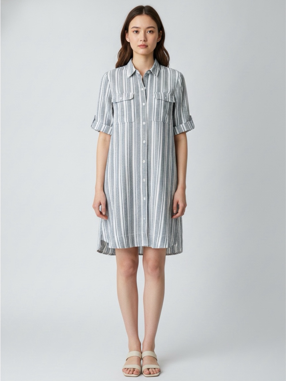 Striped Button-Up Shirt Dress in Grey and White